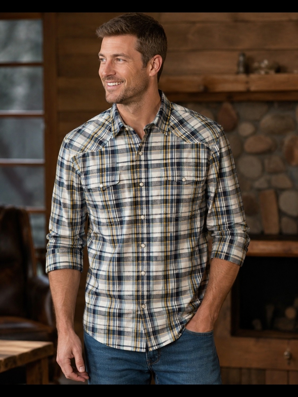 Lucky Brand Classic Men's Plaid Button-Down Shirt - Cream & Blue M